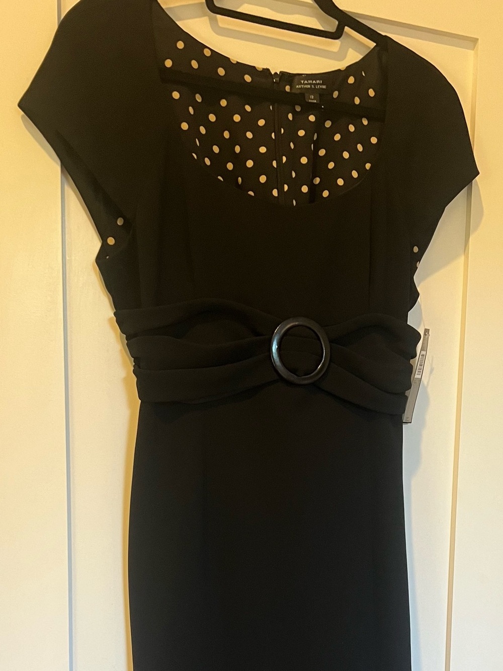 Tahari Black Midi Sheath Dress with Polka Dot Yoke and Belt